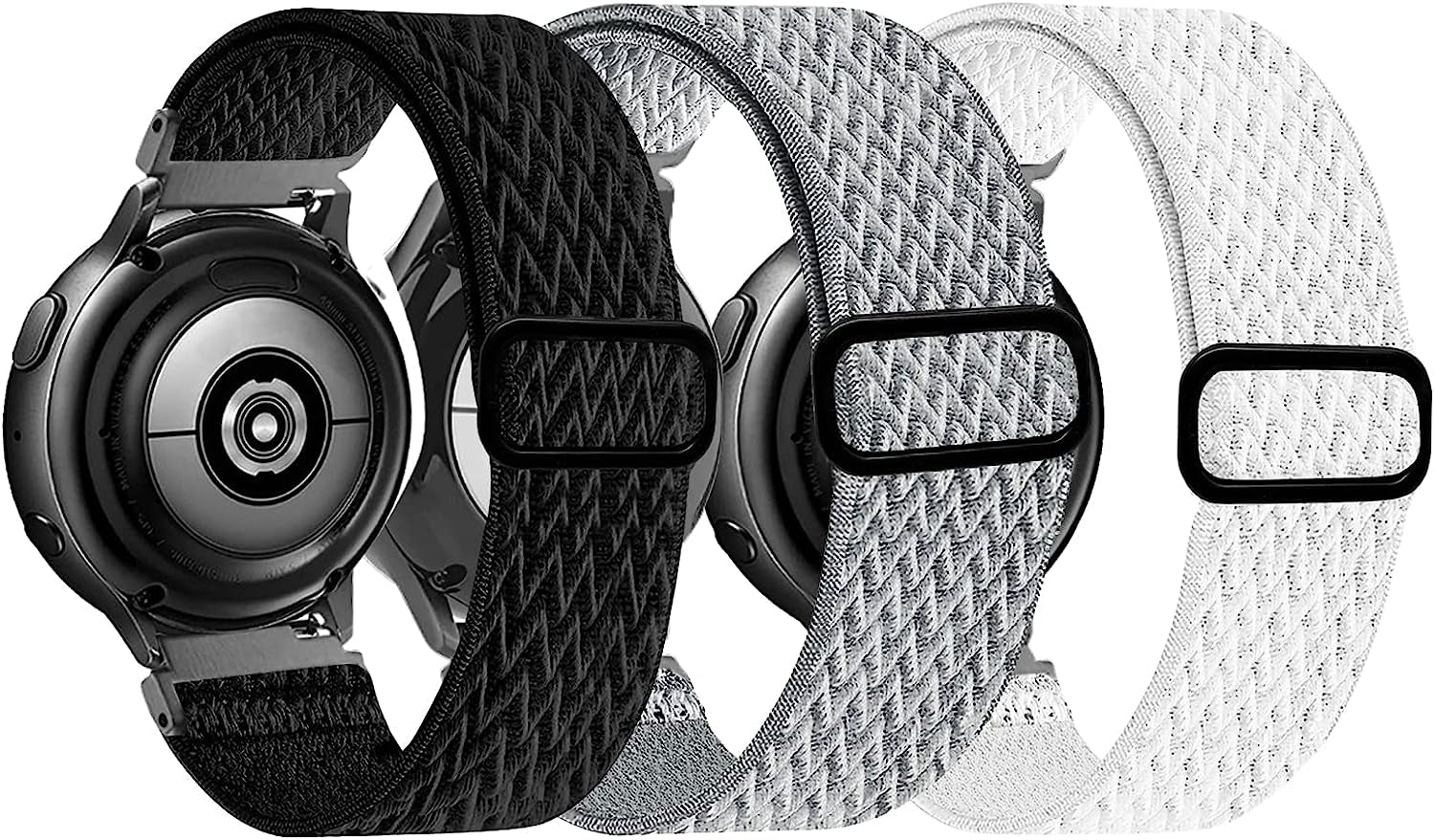 20Mm Stretchy Bands Compatible with Samsung Galaxy Watch 5/4 40Mm 44Mm/Watch 5 Pro 45Mm/Watch 4 Classic 42Mm 46Mm, Nylon Strap for Galaxy Active 2 40 44Mm/Active 40Mm/Watch 3 41Mm/Galaxy Watch 42Mm  BOTNUW Black & Light gray & White  