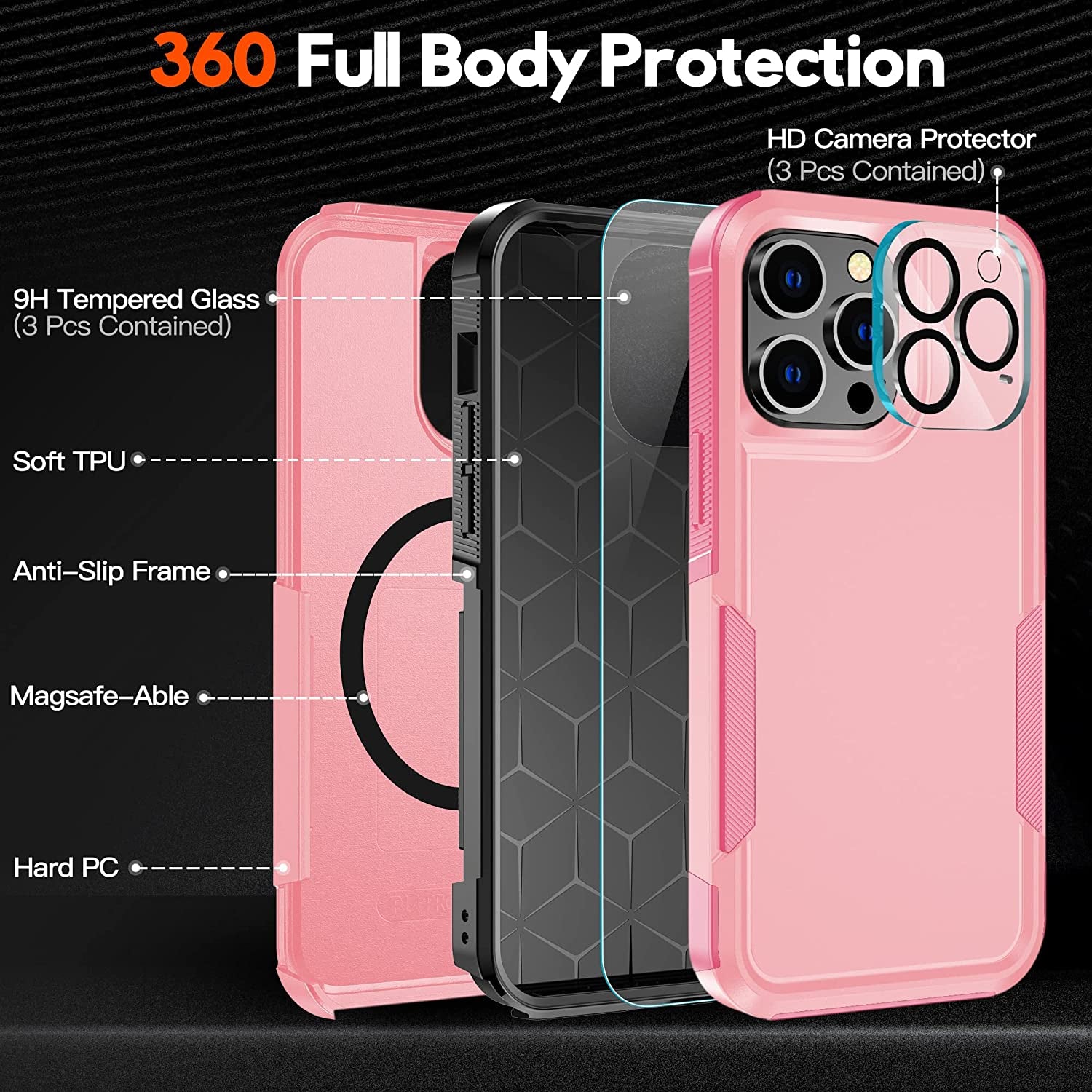 MOZOTER [6 in 1 for Iphone 14 Pro Max Phone Case [Compatible with Magsafe][Military Grade Drop Protection][Glass Screen Protector+Camera Lens Protector] Heavy Duty Shockproof Case 6.7 Inch Pink  MOZOTER   
