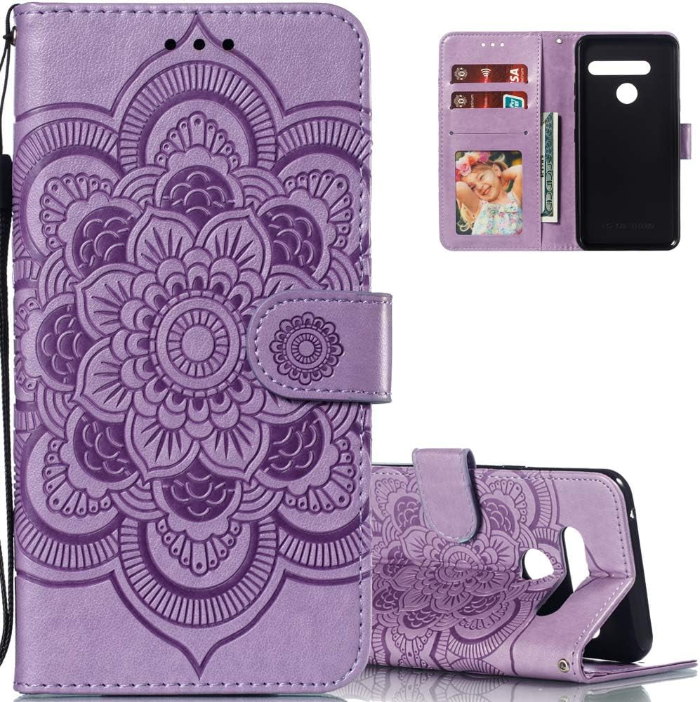 LEECOCO for LG G8 Thinq Case Mandala Embossing Luxury PU Leather Flip Notebook Wallet Bookstyle Magnetic Stand Card Slot Folio Bumper Protection Cover for LG G8 / G8S / G8 Thinq Mandala Black LD  LEECOCOO Ld: Light Purple  