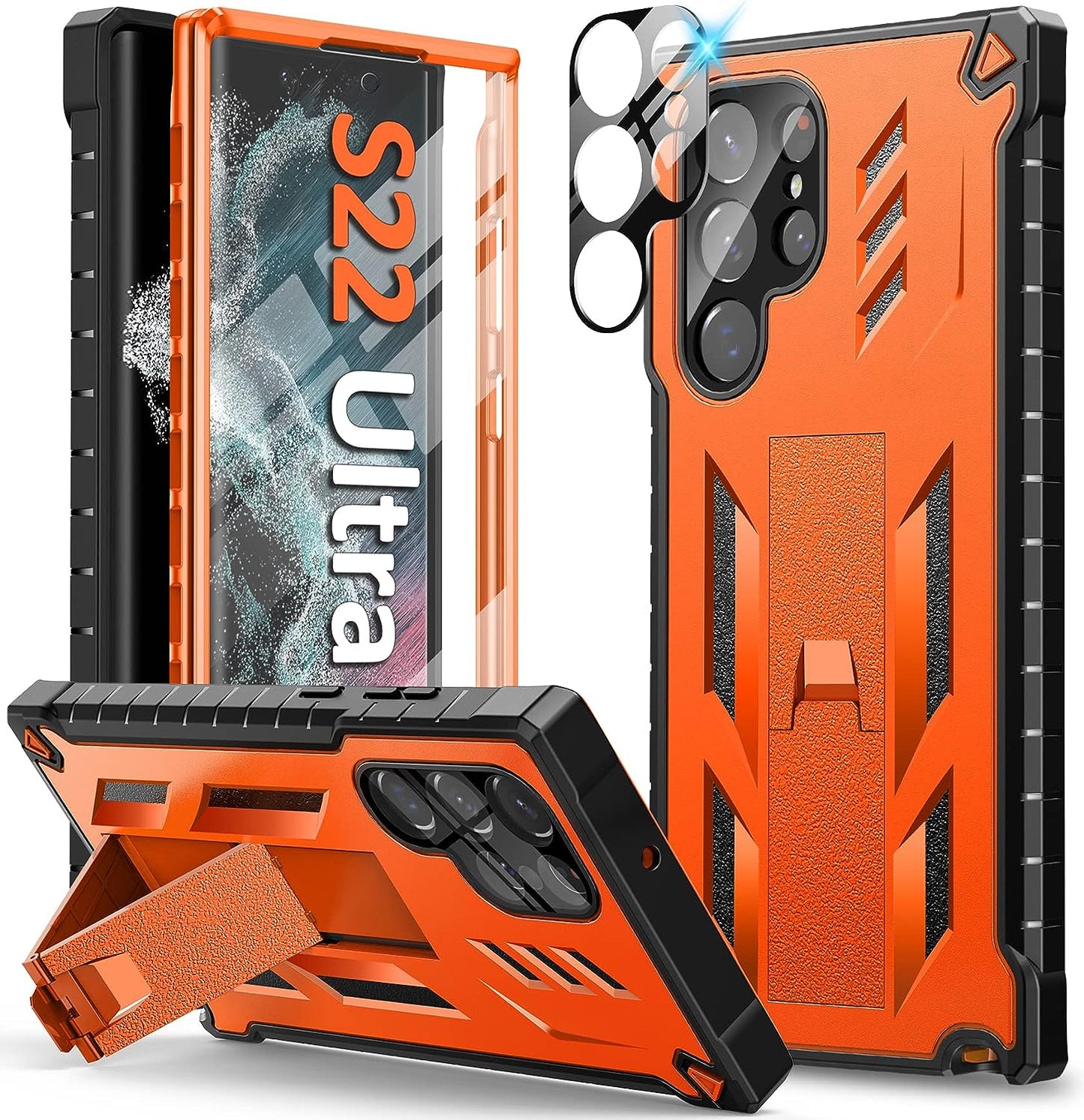 FNTCASE for Samsung Galaxy S22 Ultra Case: Built-In Screen Protector & Kickstand Full-Body Dual Layer Rugged Military Grade Shockproof Protection Heavy Duty Protective Phone Cover 5G-Black  FNTCASE Orange  