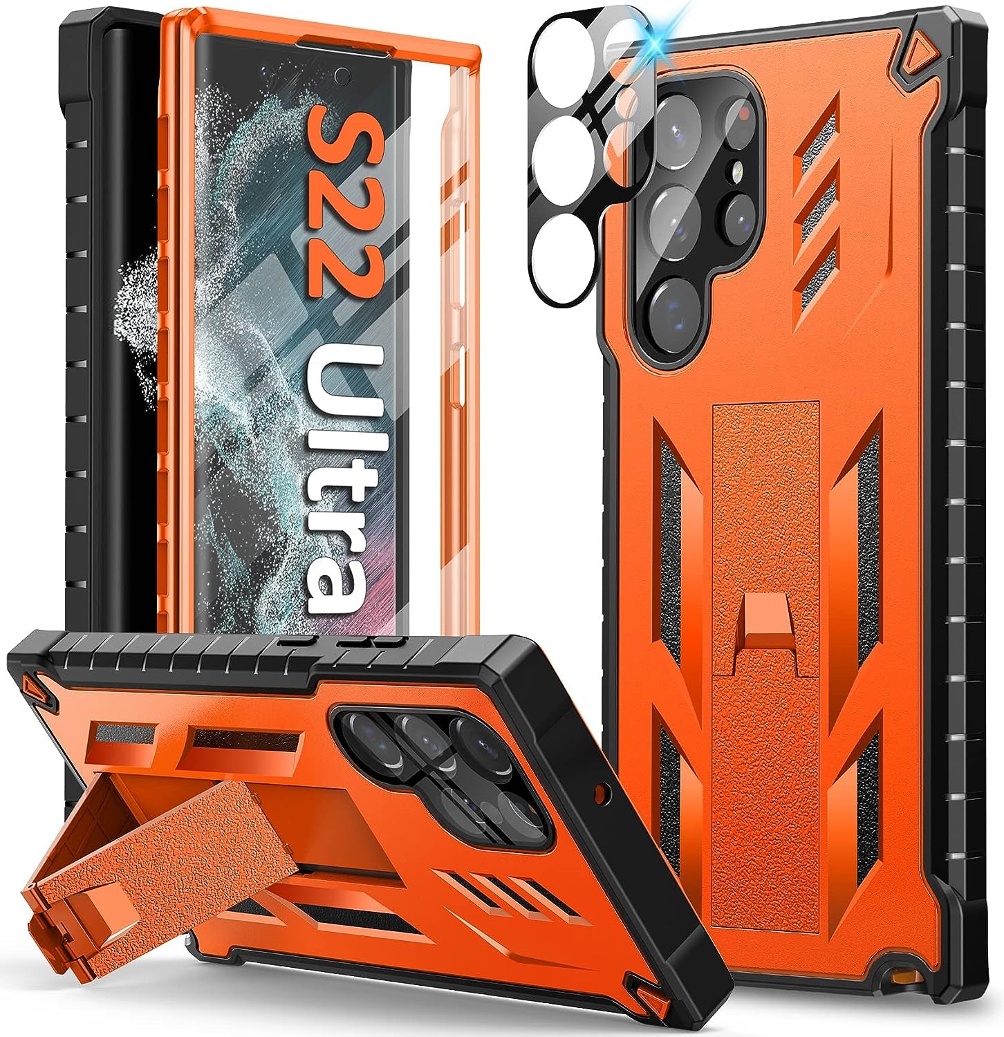 FNTCASE for Samsung Galaxy S22 Ultra Case: Built-In Screen Protector & Kickstand Full-Body Dual Layer Rugged Military Grade Shockproof Protection Heavy Duty Protective Phone Cover 5G-Black  FNTCASE Orange  