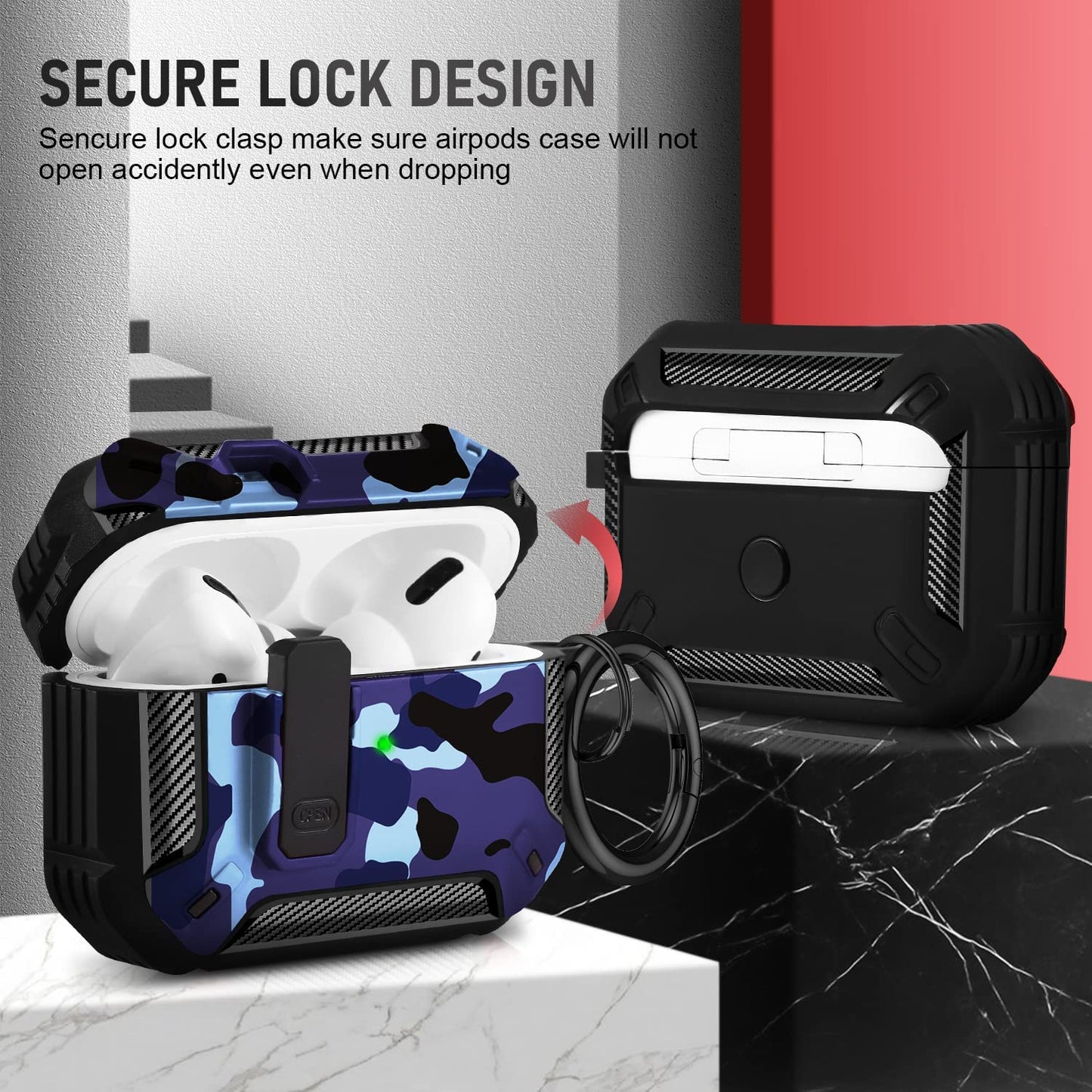 Youskin Airpod Pro Case Secure Lock Clip Case,Carbon Fiber Military Armor Series Full-Body Rugged Hard Shell Airpod Pro Case for Men Women with Keychain，Blue Camo  Youskin   