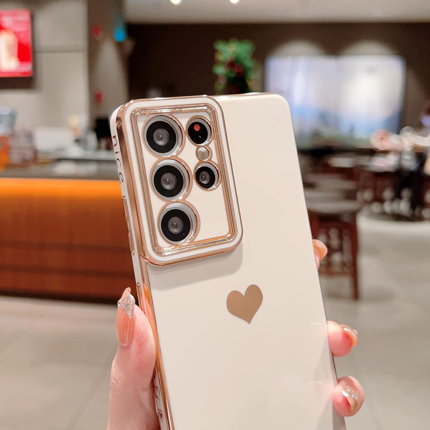 VANIPUFF Samsung Galaxy S21 Ultra 5G 6.8" Phone Case with Luxury Electroplate Cute Side Love Heart Cover Full Camera Protection Soft Silicone Anti-Fingerprint Shockproof Cover Bumper (Pink)  VANIPUFF\1   