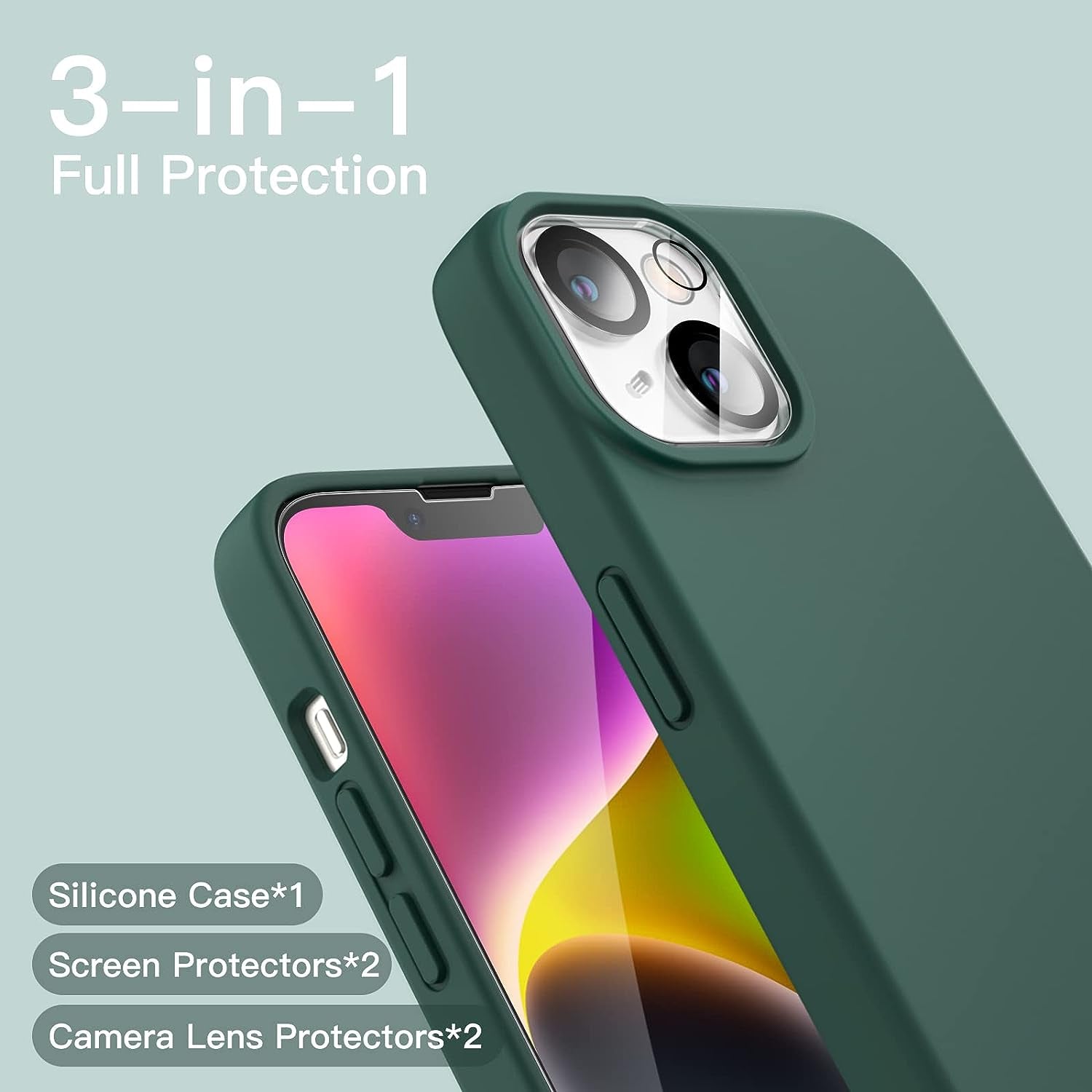 Jetech 3 in 1 Silicone Case for Iphone 14 plus 6.7-Inch, with 2-Pack Screen Protector and 2-Pack Camera Lens Protector, Full Coverage Tempered Glass Film, Shockproof Phone Cover (Midnight Green)  JETech   