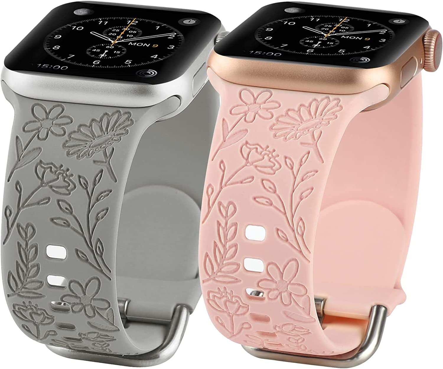 2 Pack Flower Engraved Sport Strap Compatible with Apple Watch Bands 38Mm 40Mm 41Mm, Women Floral Laser Soft Silicone Wristband Replacement Iwatch Series 8 7 6 5 4 3 2 1 SE  TERKOWQI Grey Pink 38/40/41mm 