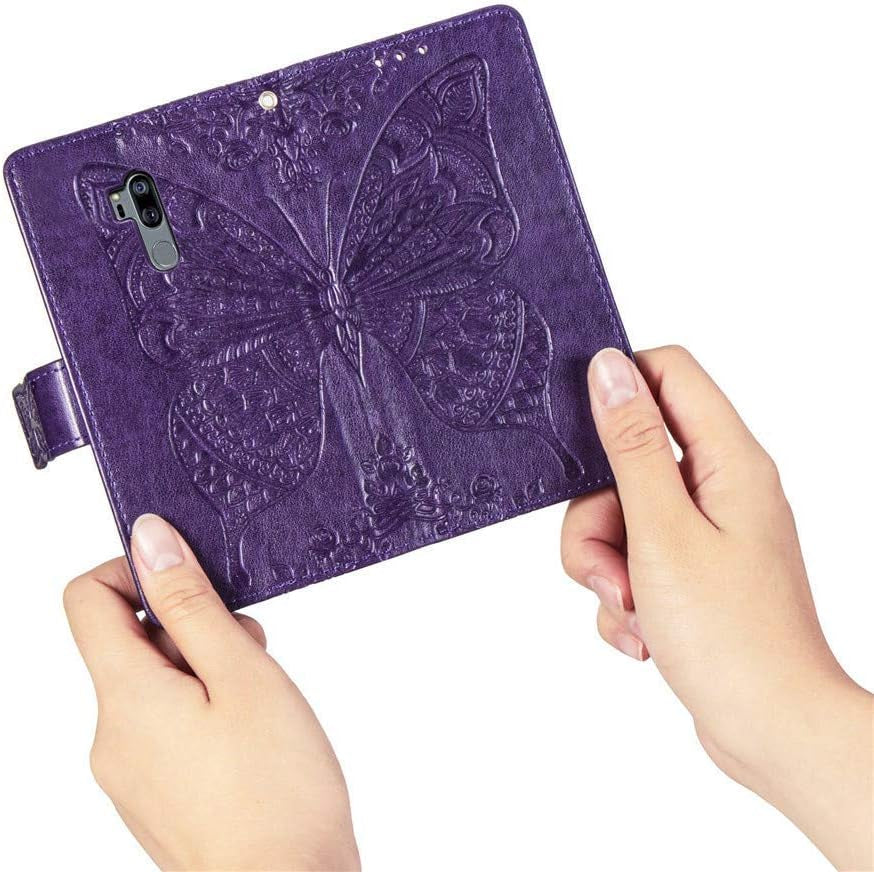 LHYIN LG G7 Case,Flip Wallet PU Leather Embossed Flower Butterfly Case Folding Kickstand Cover with Card Slots for LG G7 Thinq/Lg G7 [Purple]  LHYIN   