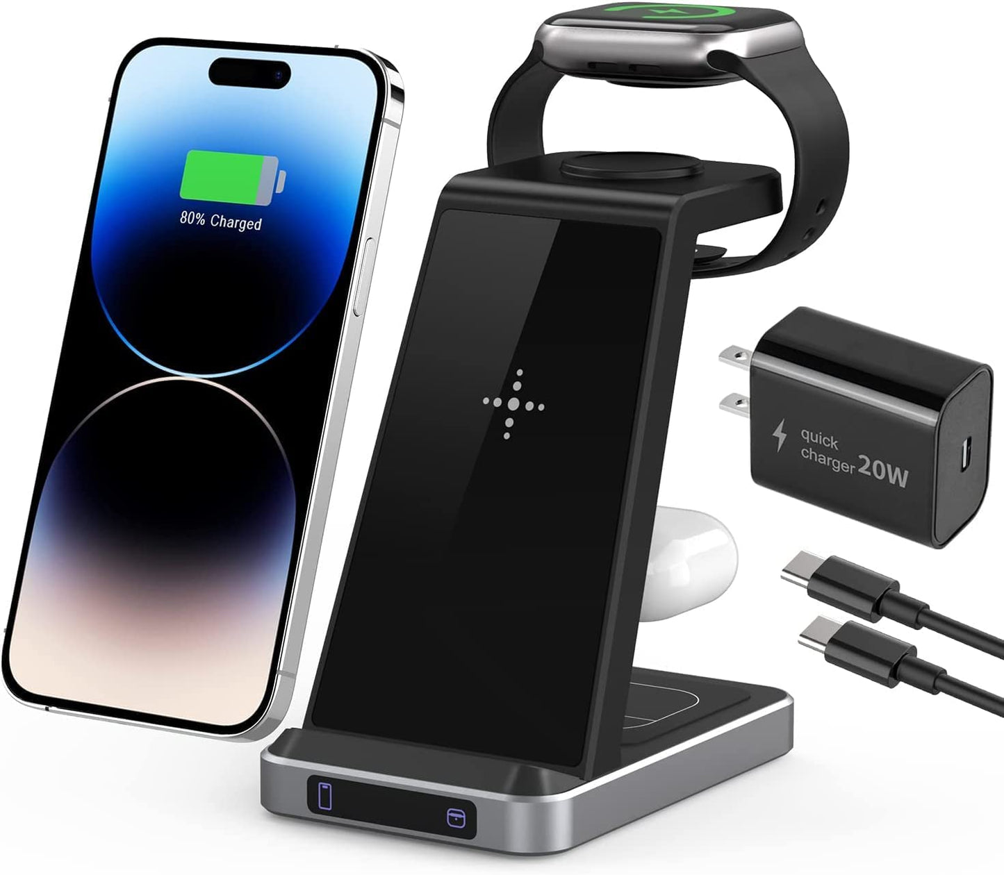 Charging Station for Apple Devices, 3 in 1 Wireless Charger Stand with 20W USB C Adapter Compatible with Iphone 14 13 12 11 Pro Max 8 XS XR, Fast Charging Stand Dock for Apple Watch Series & Airpods  HUIZHOU OJD TECHNOLOGY CO.,LTD Black AirPods Wireless 