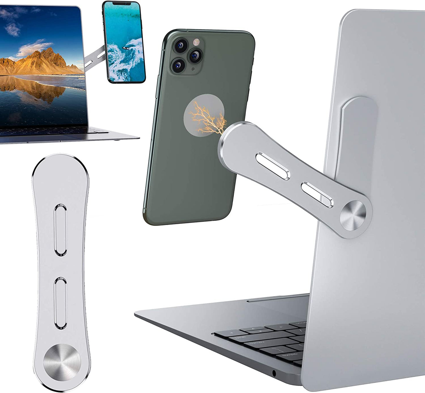 DK177 Magnetic Phone Holder, Laptop or Desktop Monitor Side Mount Phone Holder, Slim Portable Foldable Computer Expansion Bracket Compatible with Any Phone, Silver  DK177 Silver2  