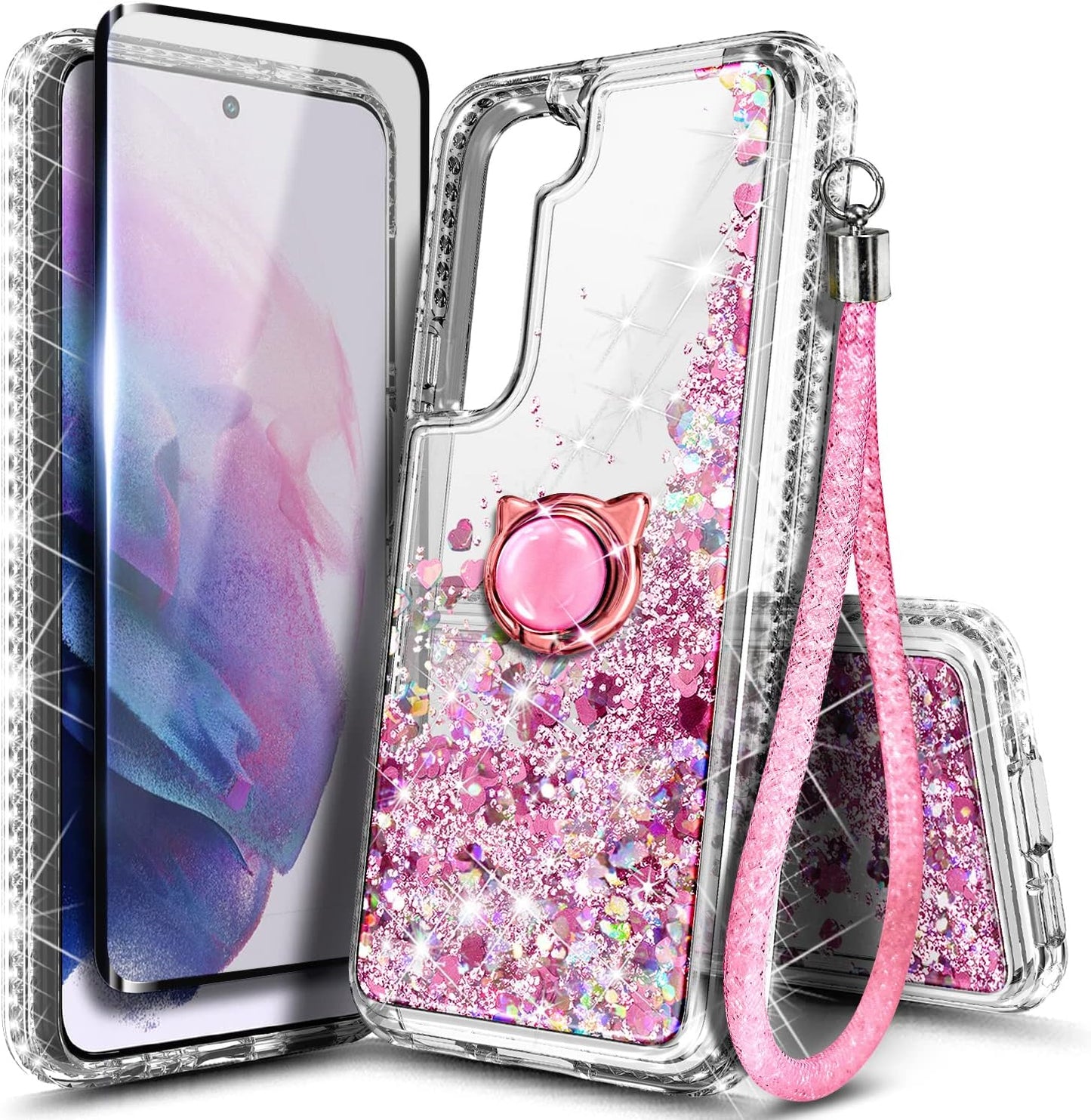 NGB Supremacy Compatible with Samsung Galaxy S22 plus Case (5G 6.6 Inch) with Screen Protector (Maximum Coverage, Flexible TPU), Ring Holder/Wrist Strap, Glitter Liquid Cute Case (Crystal Gem)  NGB Supremacy Rose Gold  