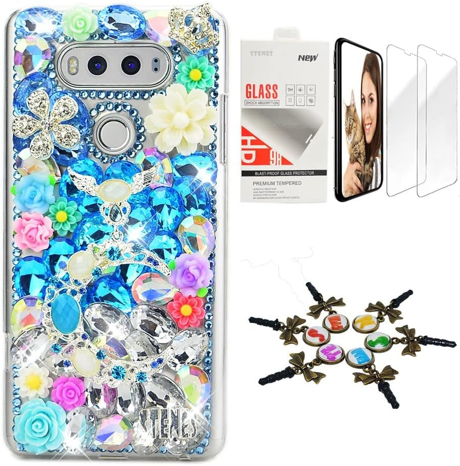 STENES Bling Case Compatible with LG G6 / LG G6 plus - Stylish - 3D Handmade [Sparkle Series] Girls Mirror Flowers Design Cover with Screen Protector [2 Pack] - Blue  STENES Crown Flowers Moon / Navy Blue Design For Lg Stylo 6 