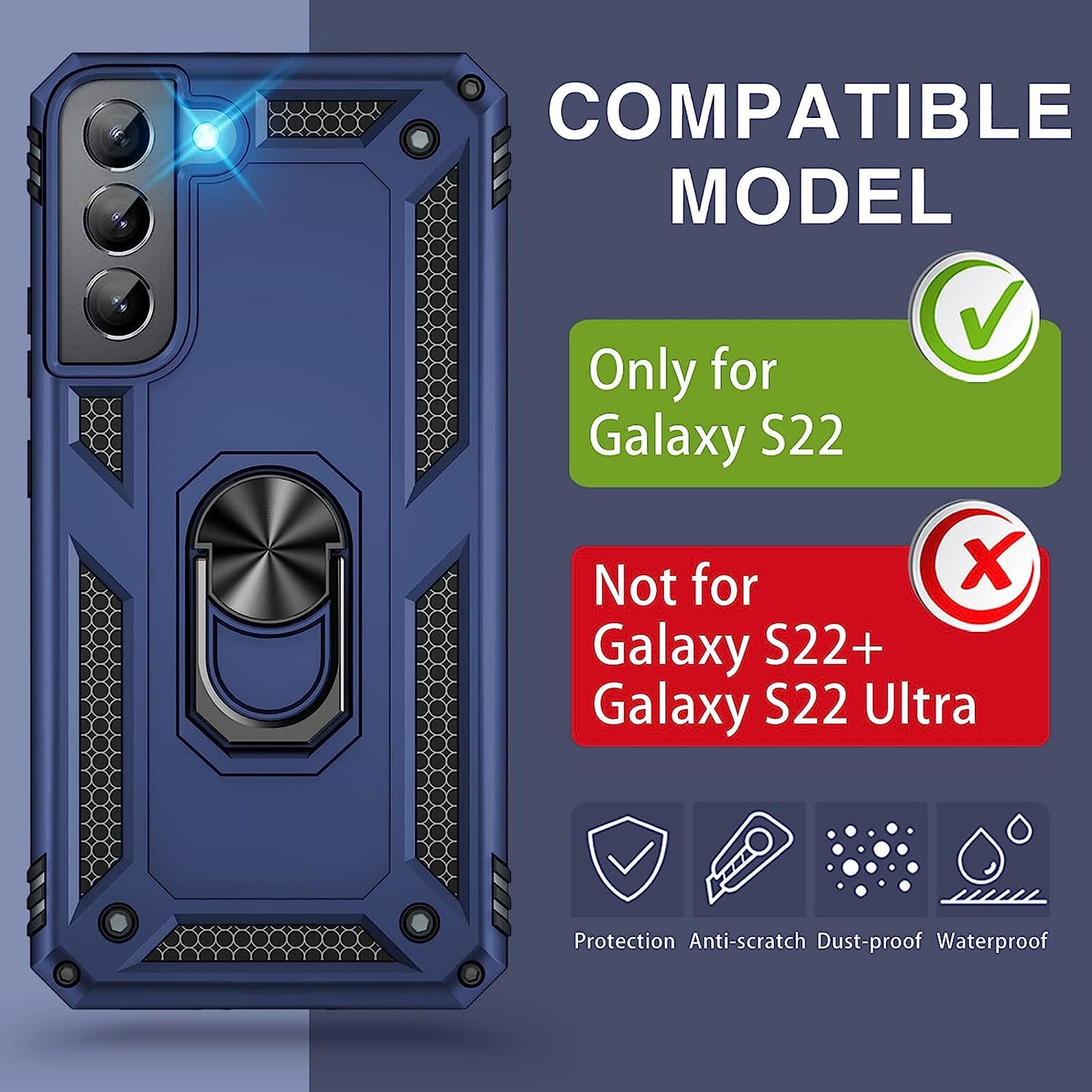 Vaki for Samsung Galaxy S22 5G Case with Built in Screen Protector Military Grade Hard Rugged Cover Heavy Duty Armor Galaxy S22 Phone Cases with Metal Ring Kickstand Shockproof Blue  Vaki   