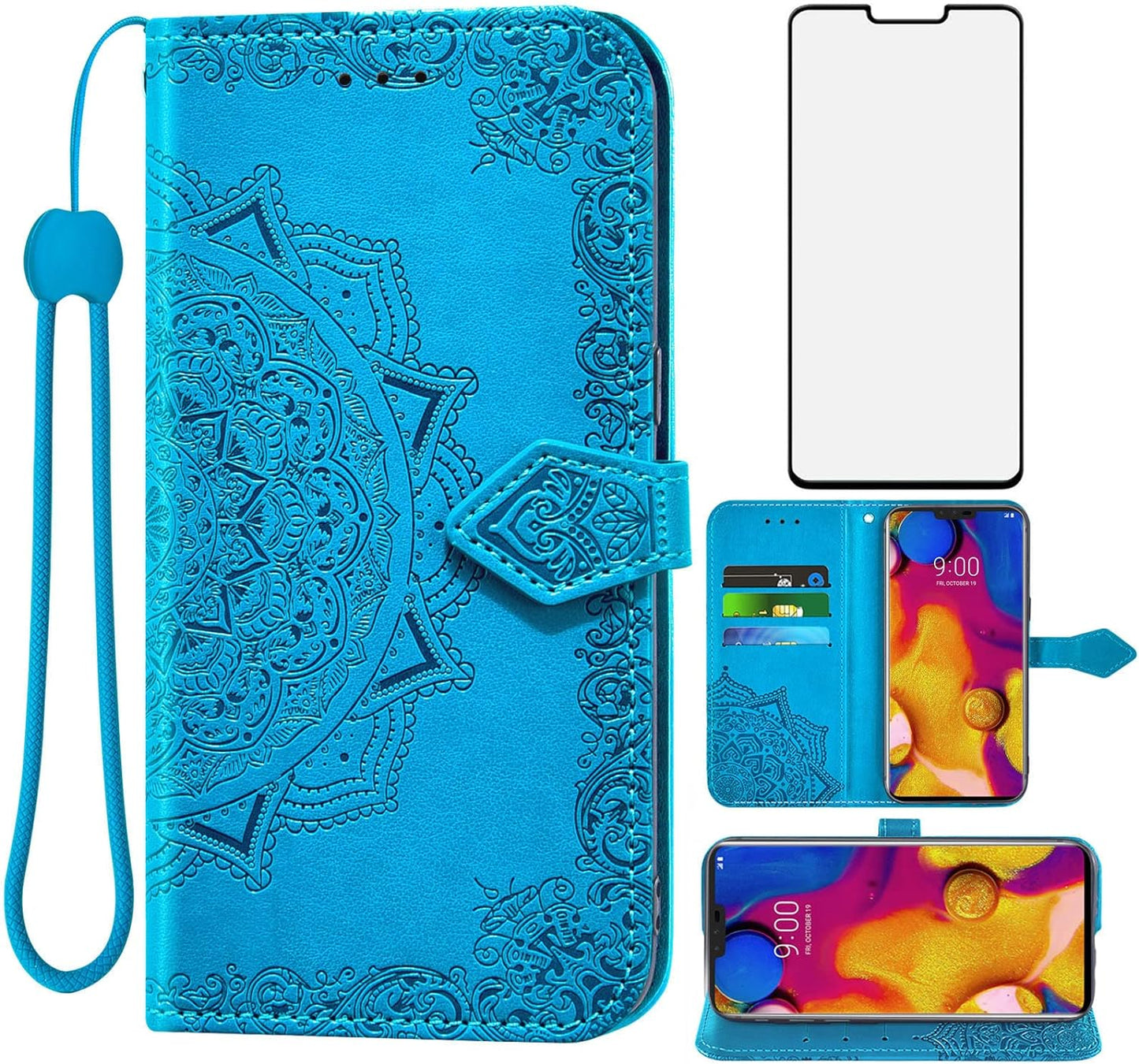 Compatible with LG V40 Thinq Wallet Case and Tempered Glass Screen Protector Flip Cover Credit Card Holder Stand Cell Phone Cases for LGV40 Storm V 40 Thin Q V40Thinq LG40 40V 40Thinq Women Men Blue  Asuwish   