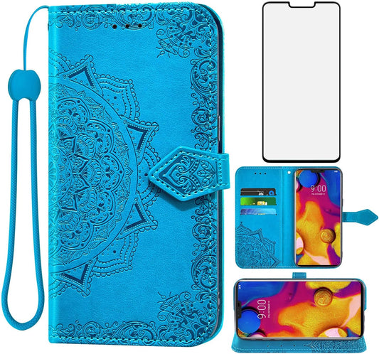 Compatible with LG V40 Thinq Wallet Case and Tempered Glass Screen Protector Flip Cover Credit Card Holder Stand Cell Phone Cases for LGV40 Storm V 40 Thin Q V40Thinq LG40 40V 40Thinq Women Men Blue  Asuwish   