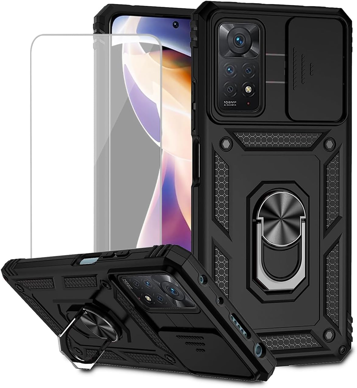 Yodueiv for Redmi Note 11 Pro 4G/5G/Redmi Note 11E Pro Case with Tempered Glass Screen Protector and Slide Camera Cover, Magnetic Ring Car Mount Holder Cover for Xiaomi Redmi Note 11 Pro 5G Black  Yodueiv   