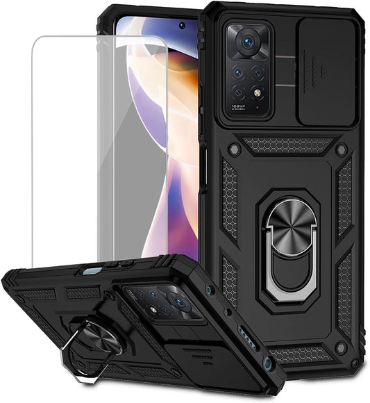 Yodueiv for Redmi Note 11 Pro 4G/5G/Redmi Note 11E Pro Case with Tempered Glass Screen Protector and Slide Camera Cover, Magnetic Ring Car Mount Holder Cover for Xiaomi Redmi Note 11 Pro 5G Black  Yodueiv   