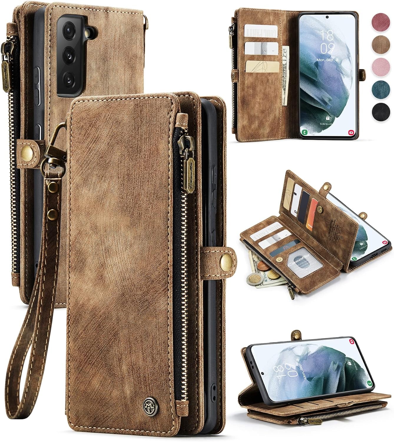 Defencase for Samsung Galaxy S21 Case, RFID Blocking Galaxy S21 Case Wallet for Women and Men with Card Holder, PU Leather Wrist Strap Zipper Pocket Magnetic Flip Phone Case for Samsung S21 5G, Black  Defencase Fashion Brown  