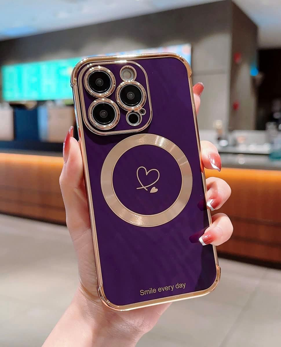 Hosgor Compatible with Magsafe Iphone 14 Pro Case for Women, Luxury Plating Cute Heart with Magnetic Wirless Charging Design Soft TPU Shockproof Bumper Case for Iphone 14 Pro 6.1Inch - (Deep Purple)  Hosgor   