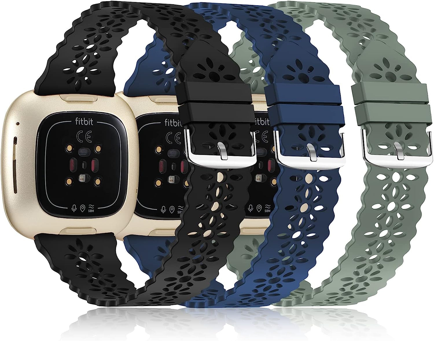 YAXIN 3 Pack Slim Sport Bands Compatible with Fitbit Sense/Fitbit Versa 3 Band/Versa 4 Bands/Fitbit Sense 2 for Women,Soft Silicone Lace Replacement Wristbands for Fitbit Versa Smart Watch  YAXIN E-black/navy blue/pine green  