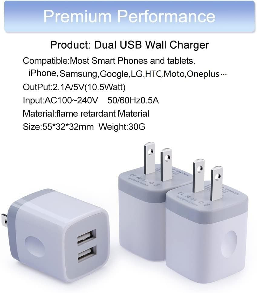 USB Wall Charger, Charging Adapter 3Pack 2.1A Dual Port USB Wall Charging Plug Block Head Box Travel Charger Cube Compatible Iphone 14 13 12 11 Pro Max XS XR X 8 7 Plus,Ipad,Ipod,Samsung,Android Phone  Shenzhen Putuo Technology Co., Ltd   