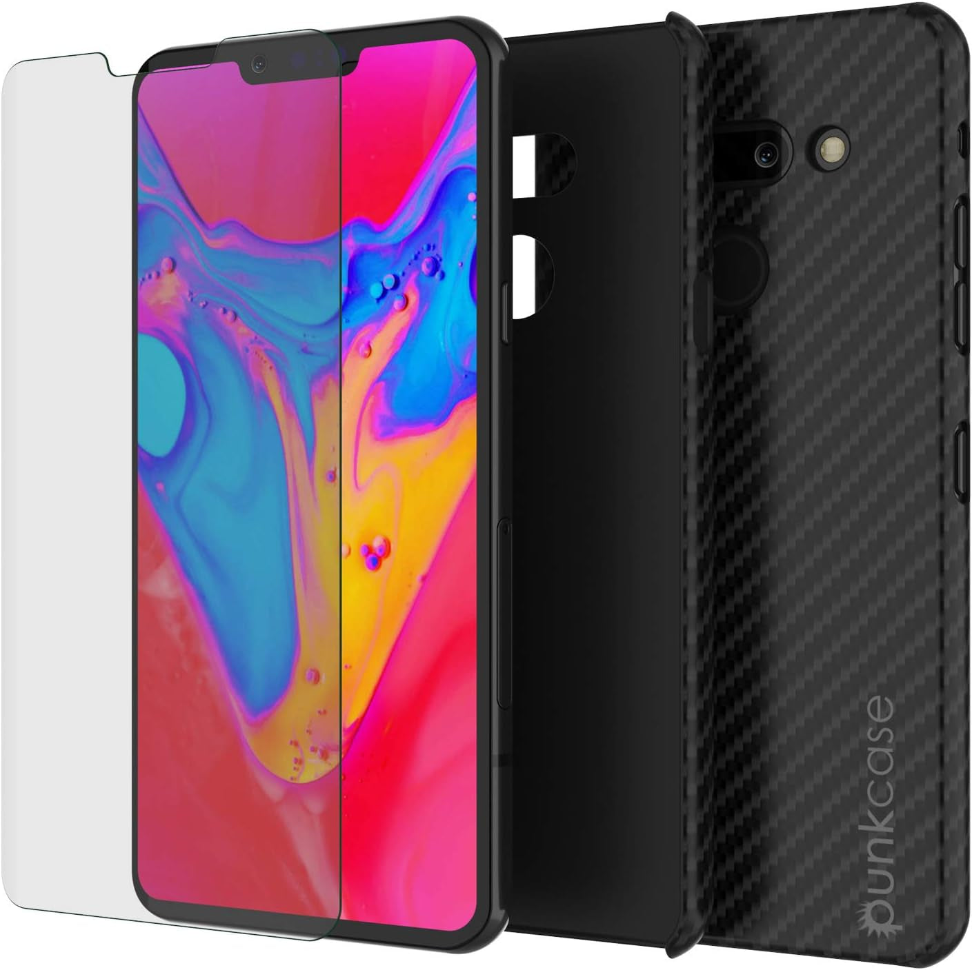 LG G8 Case [Carbonshield Series] Ultra Thin 2 Piece Dual Layer PU Leather Cover [Shockproof][Non Slip] with PUNKSHIELD Screen Protector Compatible W/LG G8 Thinq (Jet Black)  PunkCase   