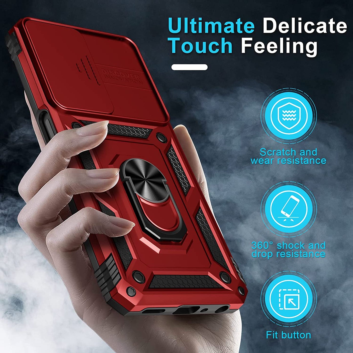 Janmitta Oneplus Nord N300 5G Case Built in Slide Camera Lens Cover and Screen Protector,Heavy Duty Shockproof Full Body Protective Phone Cover,Built in Finger Ring Stable Holder Kickstand,2022 Red  Janmitta   