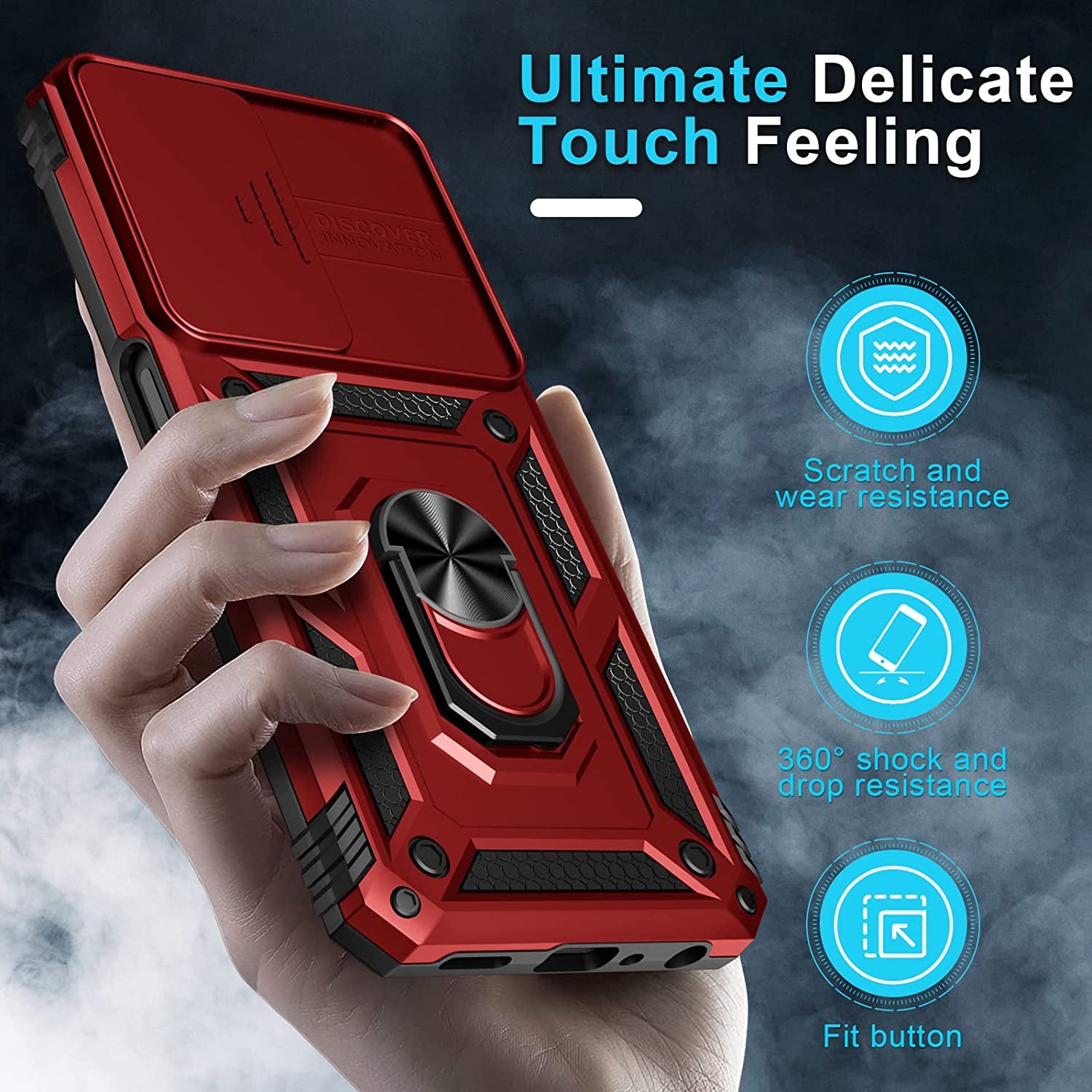 Janmitta Oneplus Nord N300 5G Case Built in Slide Camera Lens Cover and Screen Protector,Heavy Duty Shockproof Full Body Protective Phone Cover,Built in Finger Ring Stable Holder Kickstand,2022 Red  Janmitta   