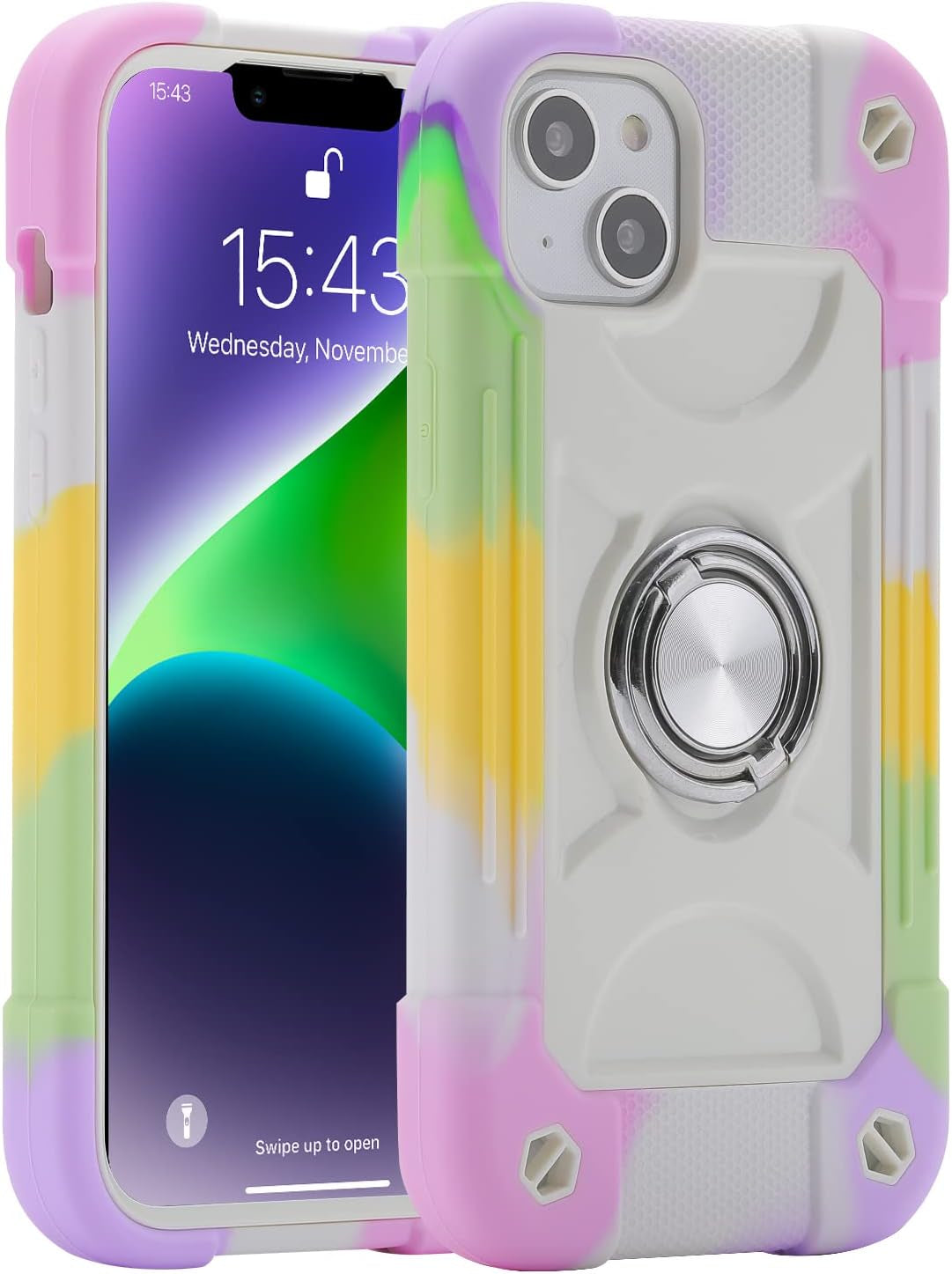 MARKILL Compatible with Iphone 14 plus Case 6.7 Inch with 360 Degree Rotate Ring Stand, Military Grade Drop Protection Full Body Rugged Heavy Duty Protective Cover for Iphone 14 Plus. (Avocado)  MARKILL Rainbow White  