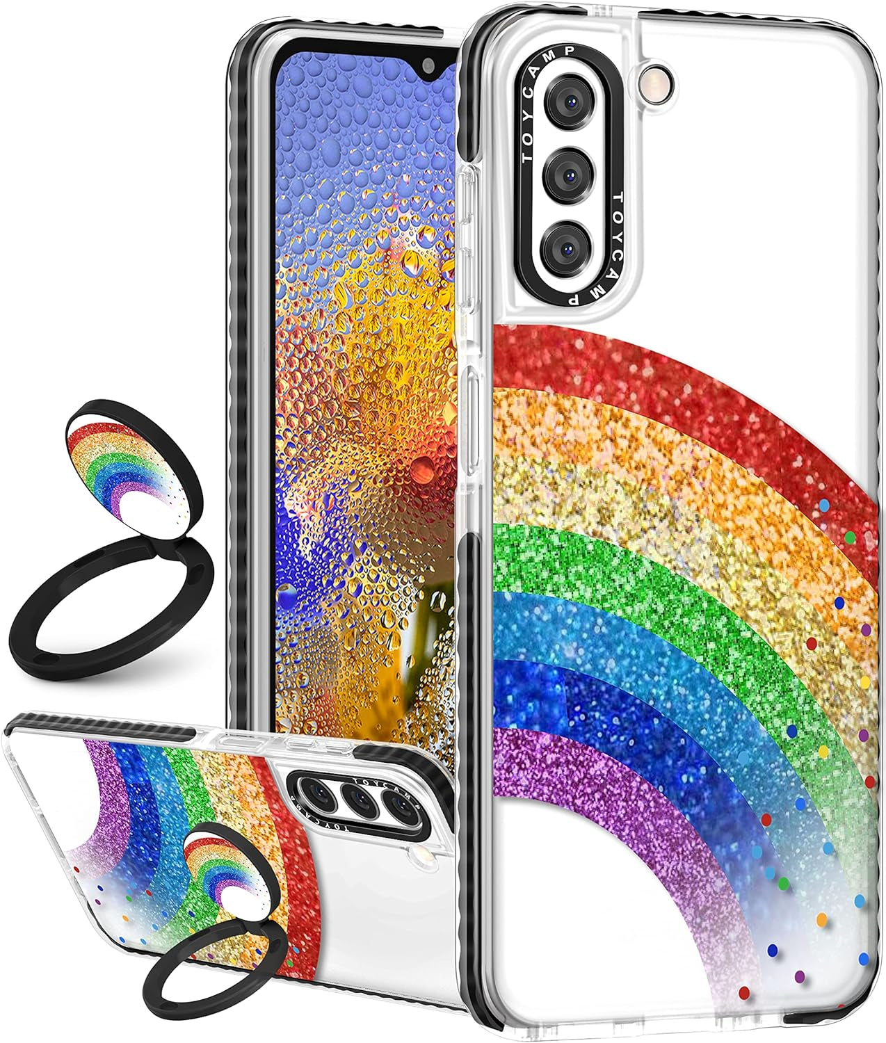 Toycamp for Samsung Galaxy S22 Case for Women, Colorful Butterfly Cute Girly Print Design for Girls Teens Case with Ring Kickstand (6.1 Inch), Black  Toycamp White Rainbow Pattern  