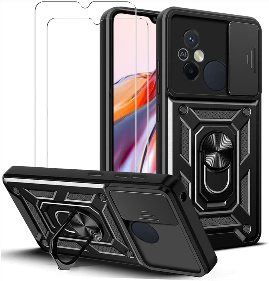 ZMONE Phone Case for Xiaomi Redmi 12C Case with Glass Screen Protector, [2 Pack] Built Slide Camera Protection Cover,Military Heavy Duty Full Body Protective Phone Case - Red  Chengmi Black  