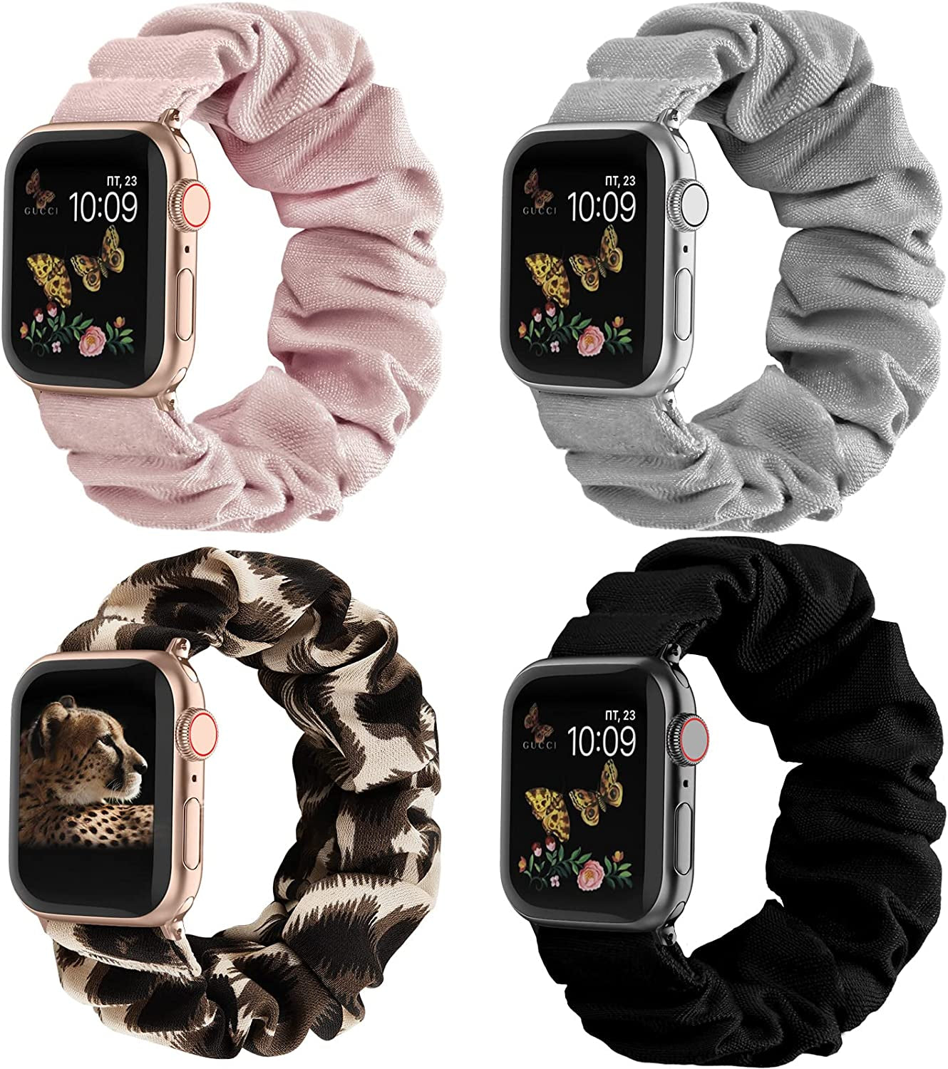 Recoppa Compatible for Apple Watch Band Scrunchie 38Mm 40Mm 41Mm 42Mm 44Mm 45Mm Cute Printed Elastic Solo Loop Bands Women Bracelet Strap for Iwatch Series 8 7 6 5 4 3 2 1 SE, 4 Packs  Recoppa Black/Gray/Pink/Black Brown 42mm/44mm/45mm-Small 