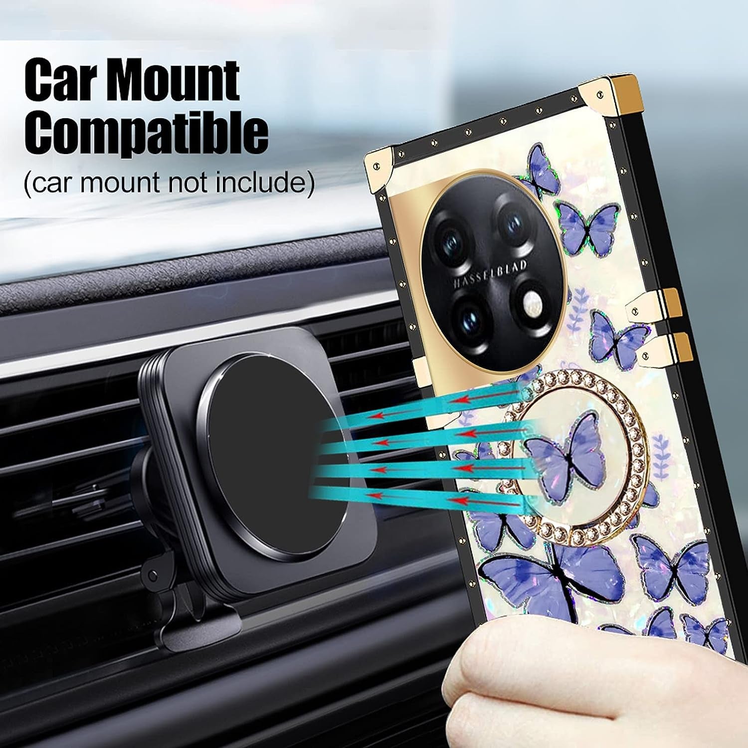 Kudini for Oneplus 11 Phone Case, Oneplus 11 5G Case for Women, Cute Square Glitter Girly Bling Stylish Retro Shock Soft TPU Protective Cover with Ring Kickstand for Oneplus 11 5G (Purple Butterfly)  KuDiNi   