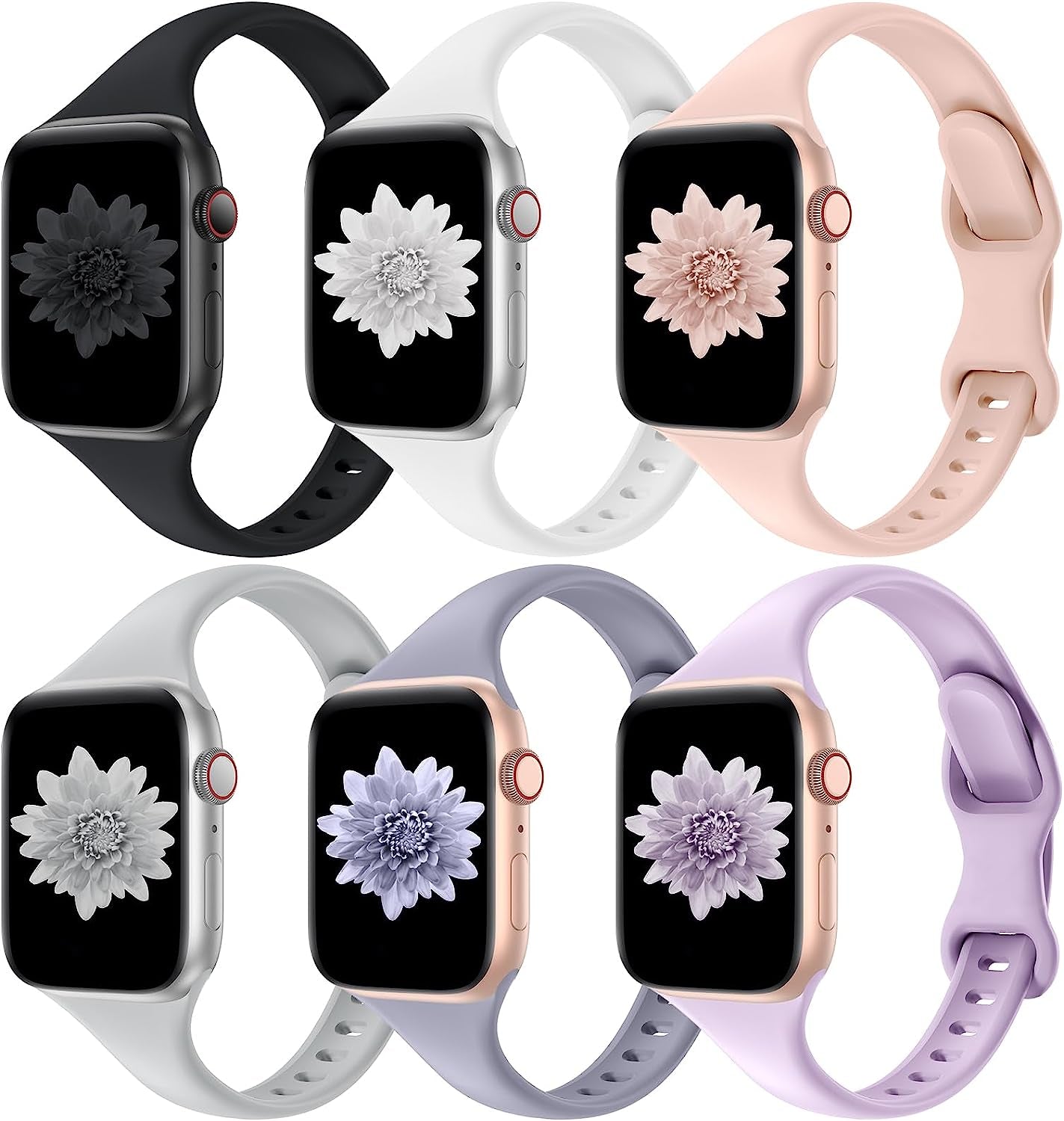 Distore 6 Pack Bands Compatible with Apple Watch 38Mm 40Mm 41Mm 42Mm 44Mm 45Mm 49Mm, Slim Thin Narrow Replacement Soft Silicone Sport Strap for Iwatch Series Ultra 8/7/6/5/4/3/2/1 SE Women Men  Distore Black/White/Pink Sand/Gray/Lavender Gray/Lavender 38/40/41mm 