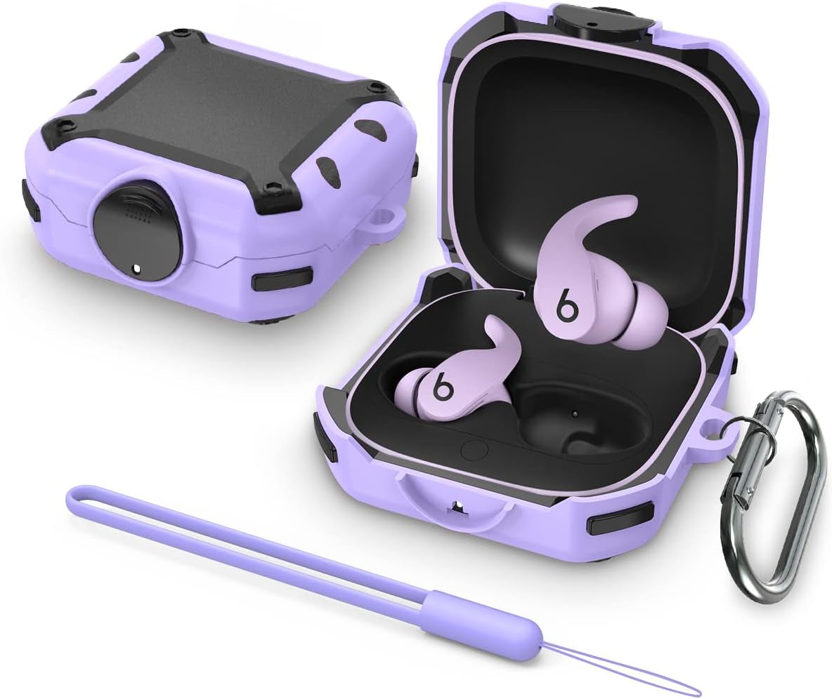 [With Lock] Case Cover for Beats Fit Pro Case 2021, Shock-Absorbing Protective PC+TPU Security Lock Cases Compatible with Beats Fit Pro with Keychain/Lanyard/Cleaning Brush (Black)  TOLUOHU Purple  