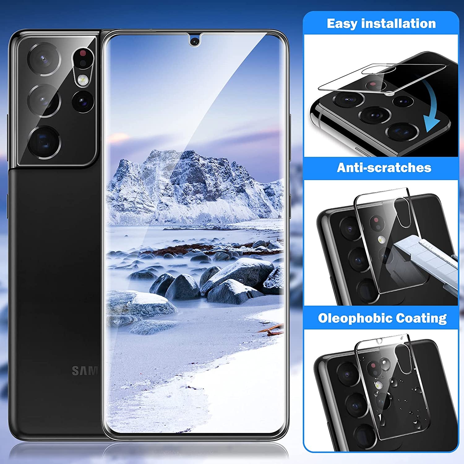 EGV [2+2 Pack] Compatible for Samsung Galaxy S21 Ultra 5G 6.8-Inch, Flexible TPU Screen Protector and Glass Camera Lens Protector[Support Fingerprint Reader] [Easy Installation] Case Friendly  EGV   