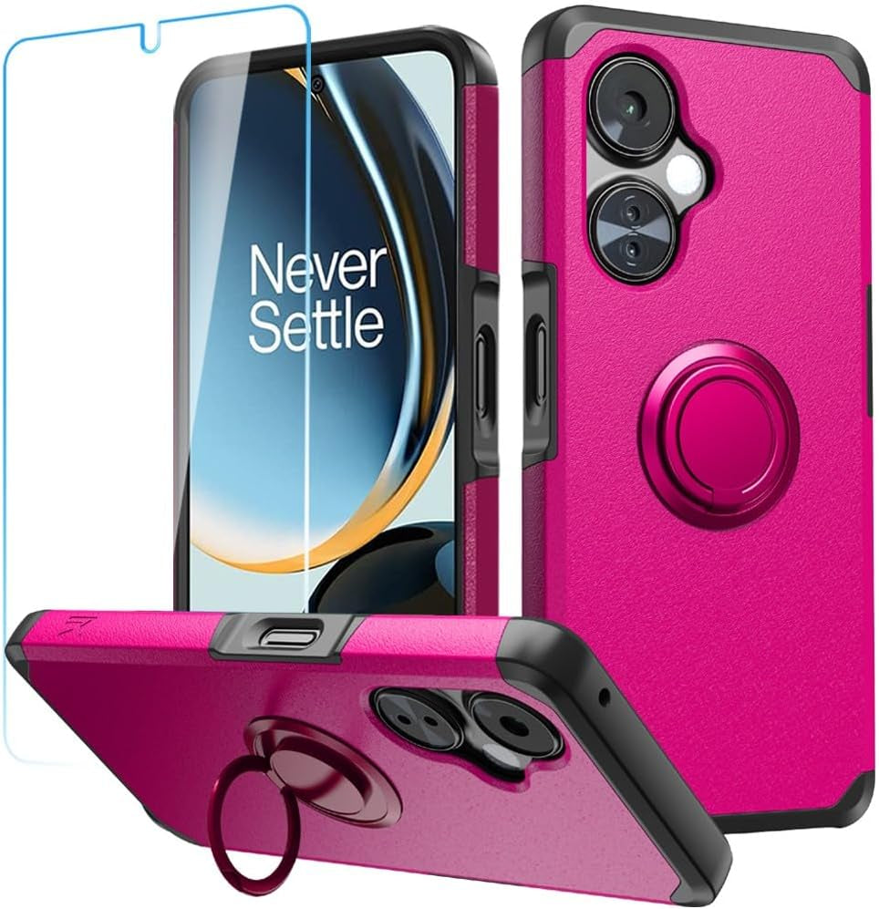 Hrwireless Compatible for Oneplus Nord N30 5G Case Cover with [HD Tempered Glass] Strong Heavy Duty [Shockproof] [Magnetic Mount Friendly] Minimalistic Original Design for Protection  HRWireless Hot Pink Ring Stand + Tempered  