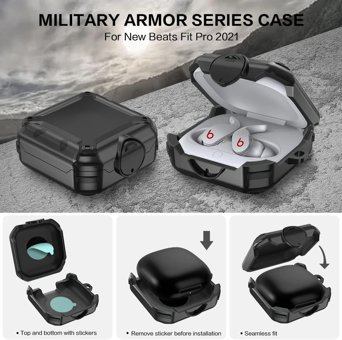 [With Lock] Case Cover for Beats Fit Pro Case 2021, Shock-Absorbing Protective PC+TPU Security Lock Cases Compatible with Beats Fit Pro with Keychain/Lanyard/Cleaning Brush (Black)  TOLUOHU   