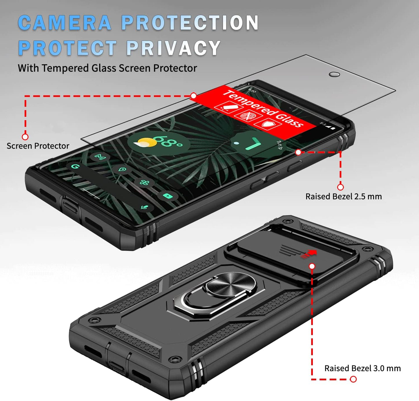 IYTRRYH for Google Pixel 6 Pro Case 5G with Tempered Glass Screen Protector with Magnetic Car Kickstand Ring&Camera Cover Shockproof Military Grade Drop Heavy Duty Protection Men Pixel 6 Pro 6.7'Black  IYTRRYH   