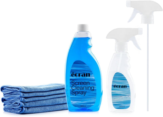 Ecran Screen Cleaning Kit with 16.9 Oz Screen Cleaning Fluid | 8.45 Oz Empty Spray Bottle | 5 Microfiber Cleaning Cloths 11.8" X 11.8" for LED & LCD TV, Computer Monitor, Laptop, and Ipad Screens  Ecran   