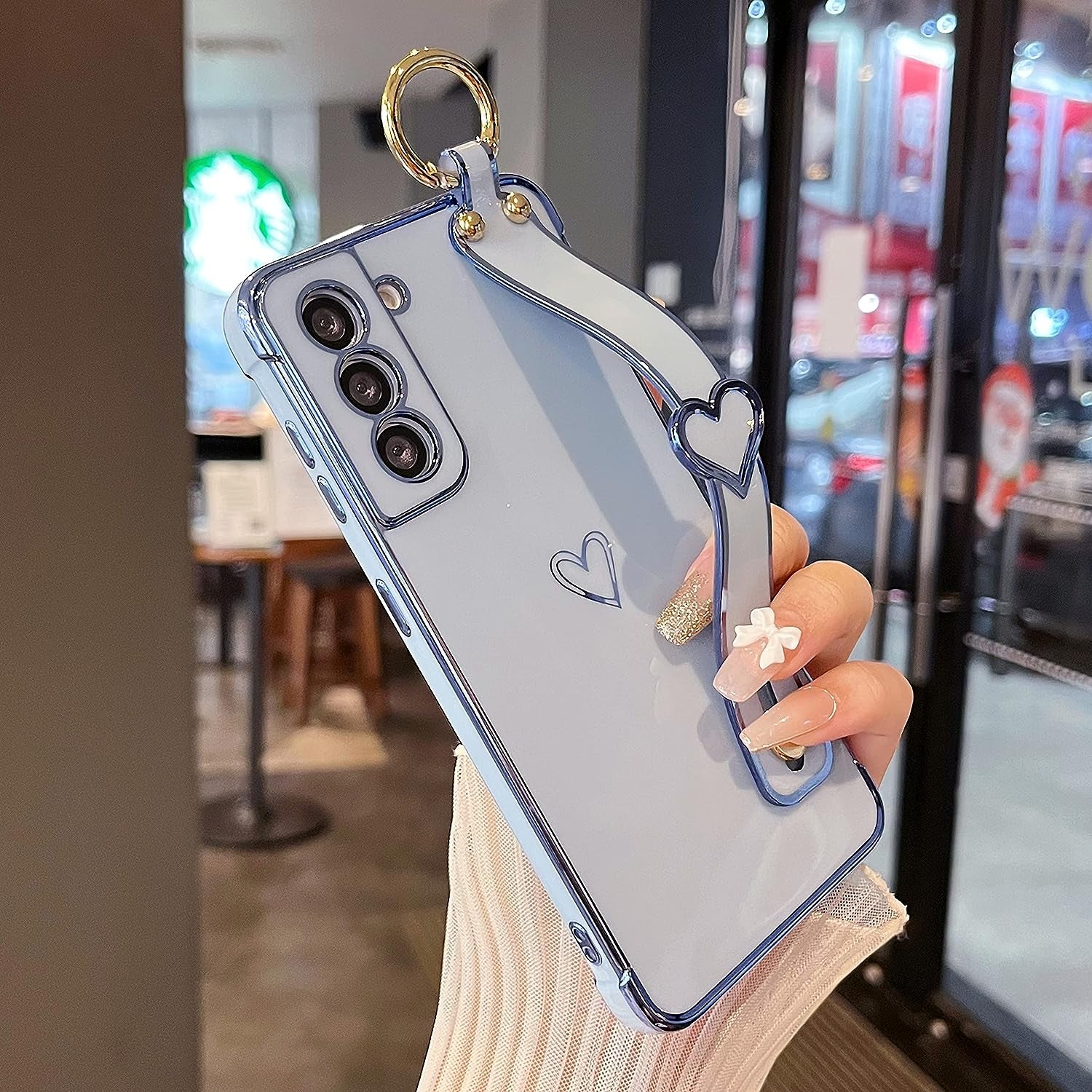 ZTOFERA Designed for Samsung Galaxy S21 plus 5G Case with Wristband,Plating Edge Love Hearts Pattern Hand Strap Finger Holder Kickstand Case,Soft Shockproof Cover for Girls Women,White  ZTOFERA Blue  