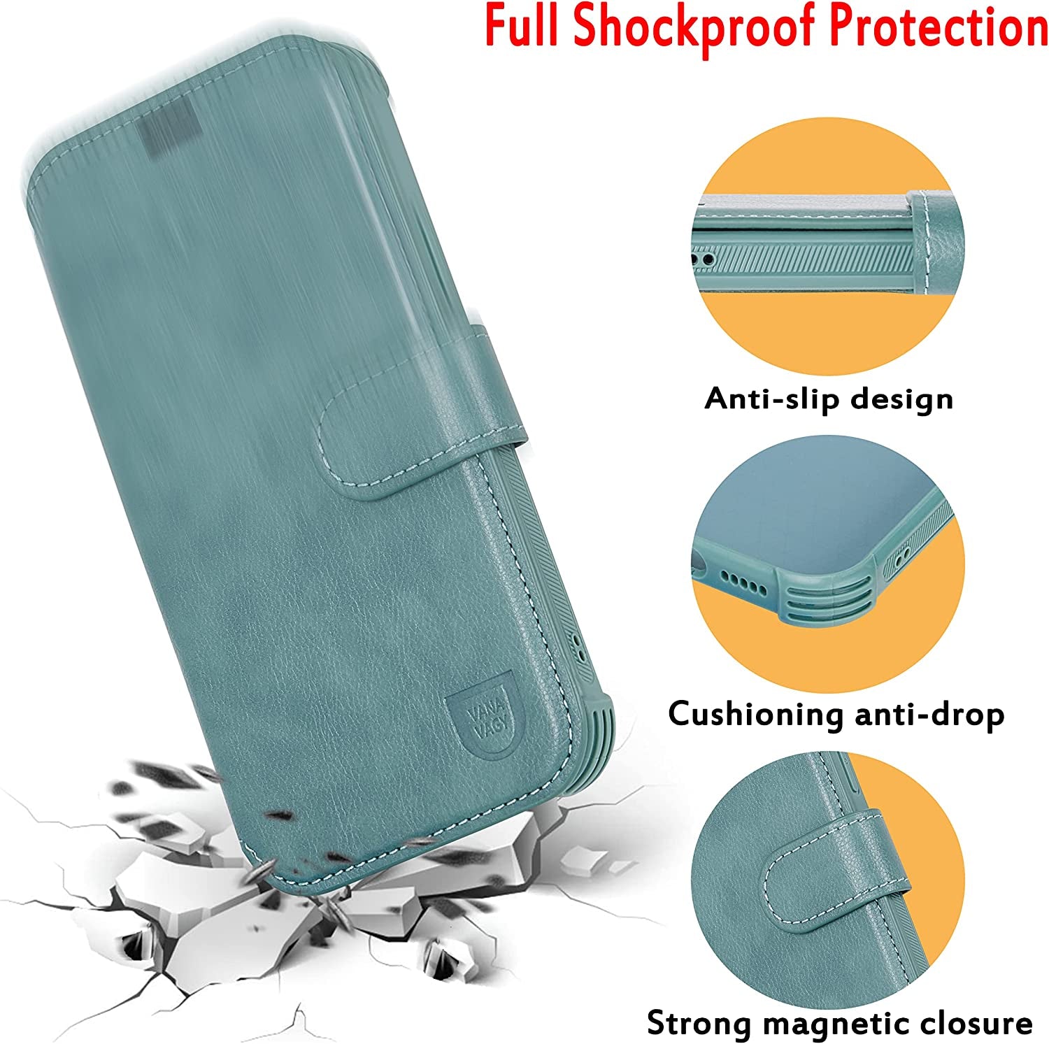 VANAVAGY Iphone 13 Mini Wallet Case Magsafe,Leather Flip Folio Phone Cover Supports Magsafe and Wireless Charging with RFID Block Card Holder and Wrist Strap,Forest Green  VANAVAGY   