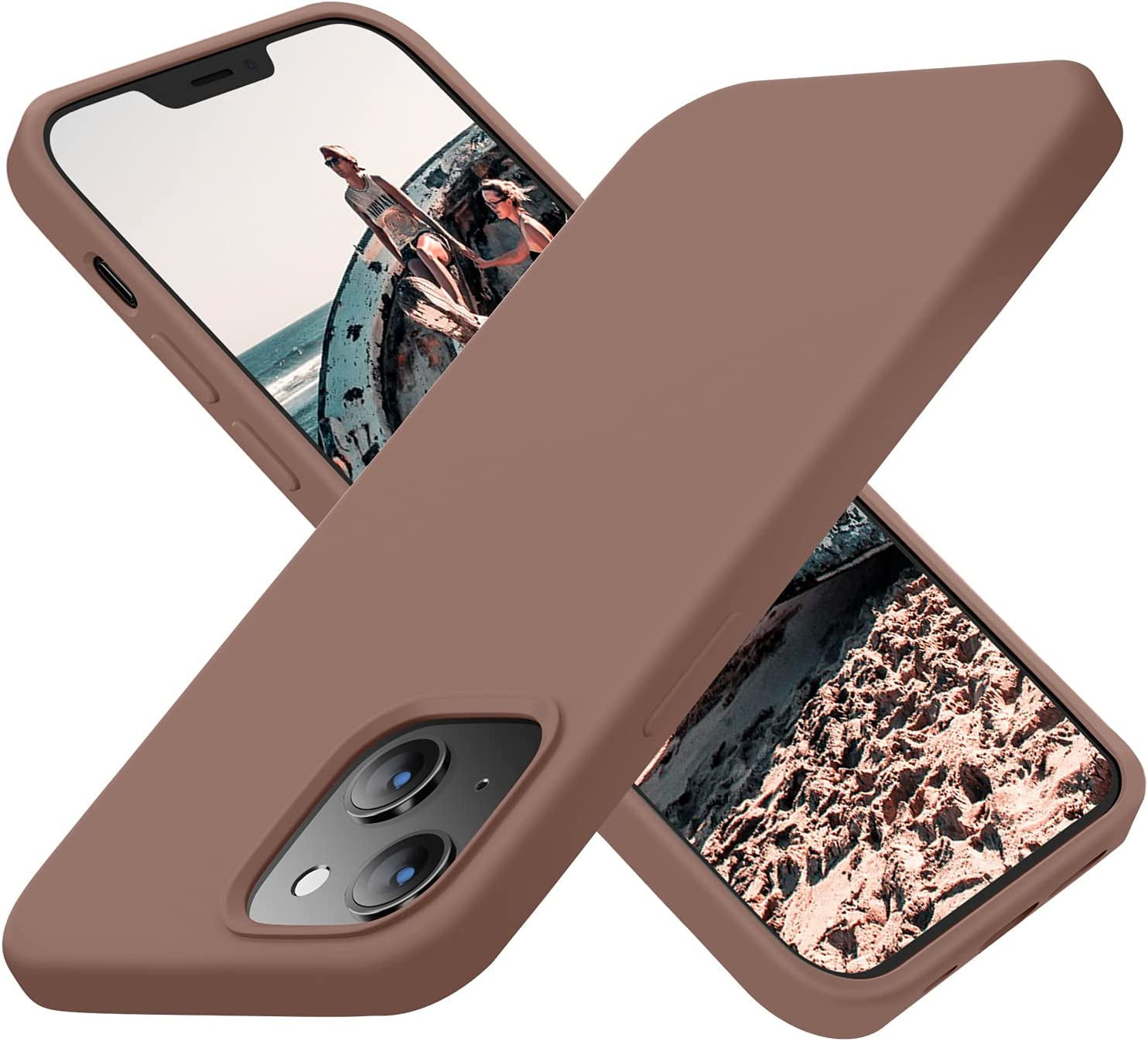 Cordking Designed for Iphone 13 Case, Iphone 14 Case, Silicone Ultra Slim Shockproof Protective Phone Case with [Soft Anti-Scratch Microfiber Lining], 6.1 Inch, Clove Purple  Cordking Light Brown  