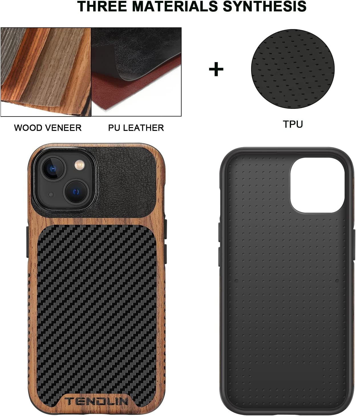 TENDLIN Compatible with Iphone 14 Case Wood Grain with Carbon Fiber Texture Design Leather Hybrid Slim Case Black  TENDLIN   