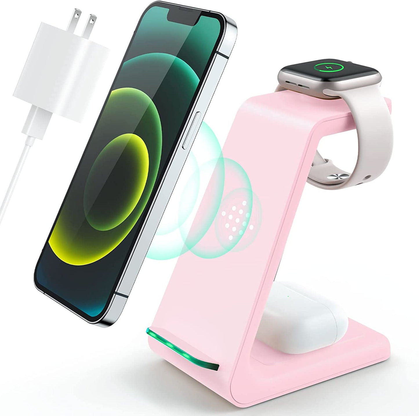 Wireless Charging Station,3 in 1 Fast Charging Station,Wireless Charger Stand for Iphone 14/13/12/11 Pro Max/X/Xs Max/8/8 Plus, Airpods 3/2/Pro, Iwatch Series 8/7/6/5/SE/4/3/2, and Samsung Phones  Iovis Pink  