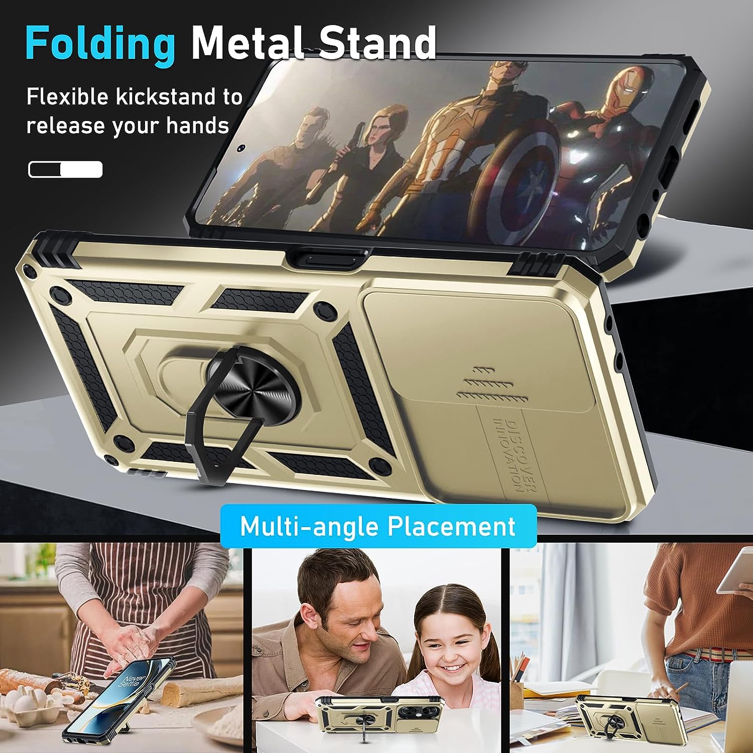 Janmitta Oneplus Nord N30 5G Case Built in Slide Camera Lens Cover+Screen Protector+Finger Ring Holder Kickstand,Heavy Duty Shockproof Full Body Protective Phone Cover,2023 Gold  Janmitta   