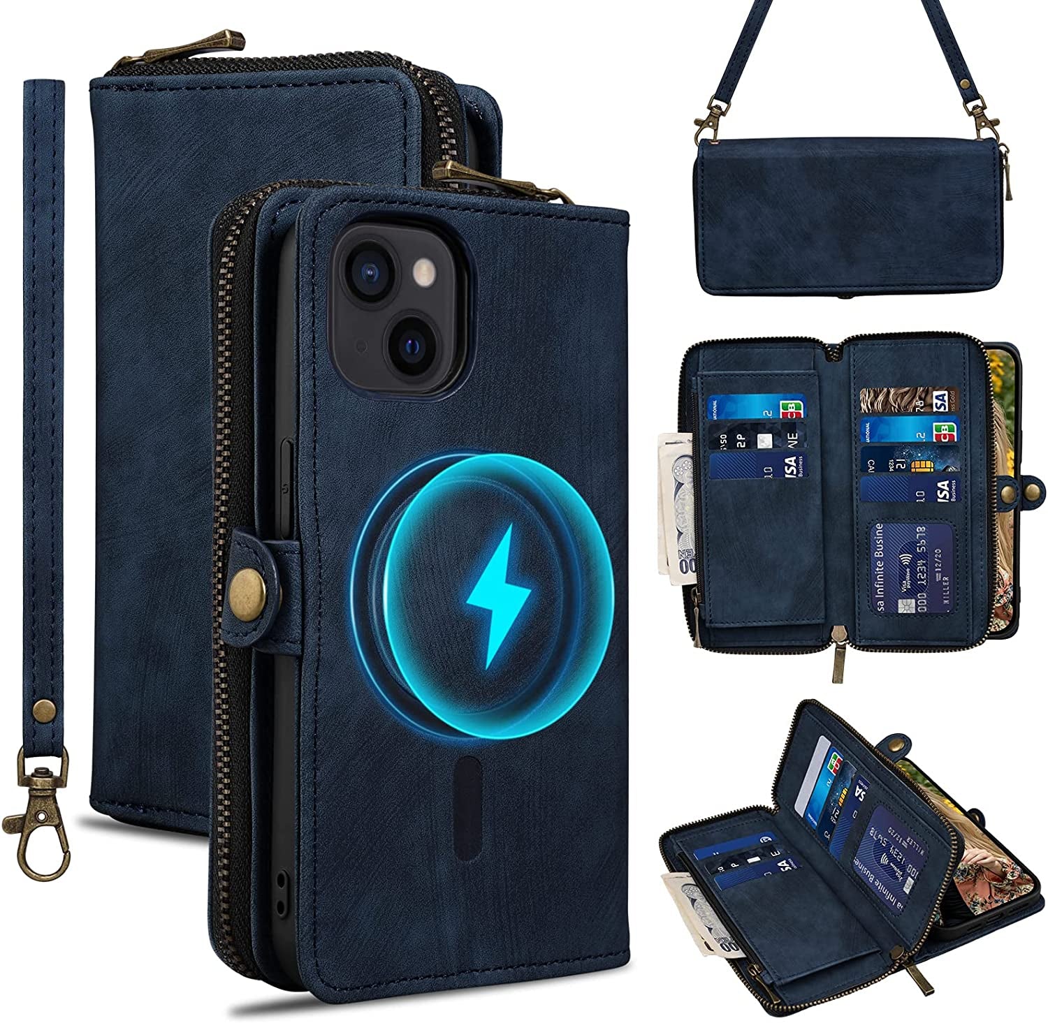 Rssviss for Iphone 12/12 Pro Case Wallet Cover for Women Men, 《RFID Blocking》《Magsafe》Credit Card Holder Leather Strap Zipper Wristlet Iphone 12 Pro Case with Magnetic Shockproof 6.1" Vintage Pink  Rssviss Blue 6,1 inch iPhone 13 