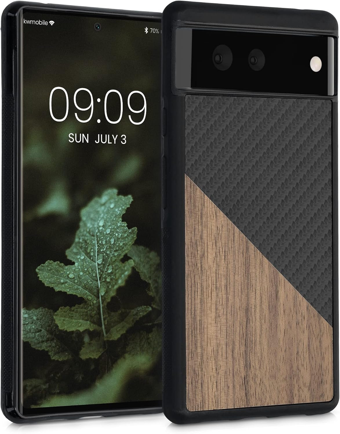 Kwmobile Case Compatible with Google Pixel 6 - Hard Phone Cover with TPU Bumper and Wood/Carbon Back - Dark Brown/Black  kwmobile   