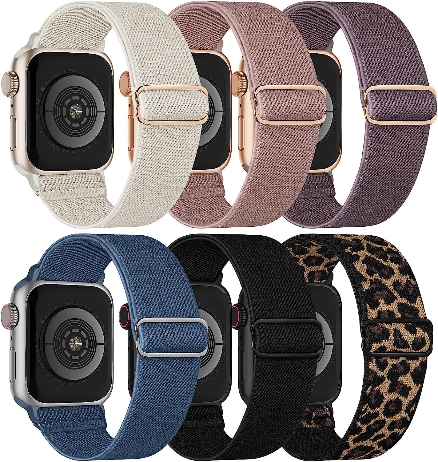 Stretchy Solo Loop Compatible with Apple Watch Band 38Mm 40Mm 41Mm 42Mm 44Mm 45Mm 49Mm Iwatch Series8/7/6/5/4/3/2/1/Se/Ultra  Recoppa Black/Starlight/SmokeViolet/Leopard/NudePink/Blue 42MM/44MM/45MM/49MM 
