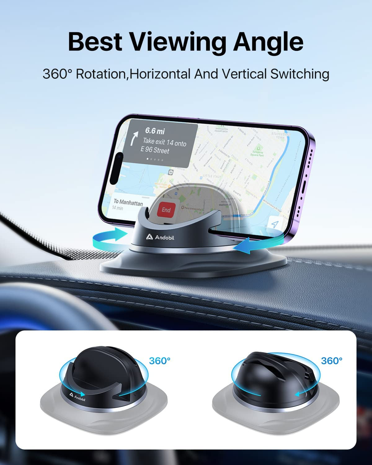 Andobil 2023 Upgraded Dashboard Phone Holder Car, [Ultra Steady, Never Slip] Reusable Silicone Phone Mount for Car, 360°Rotatable Car Mat Compatible for Iphone, Samsung, Smartphone, Car Accessories  andobil   