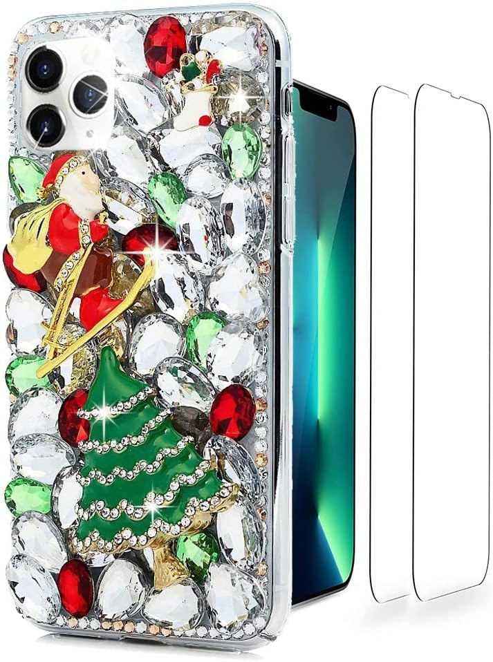 Luziun Glitter Design Phone Case Compatible with Oneplus Nord N200 5G - 3D Luxury Girls Women Shiny Bling Handcrafted Protective Cover with Screen Protector (2 Pack) - Butterfly Floral Flower  LUZiUN Green Christmas Tree Santa Claus - Case Design For Samsung Galaxy A02S 