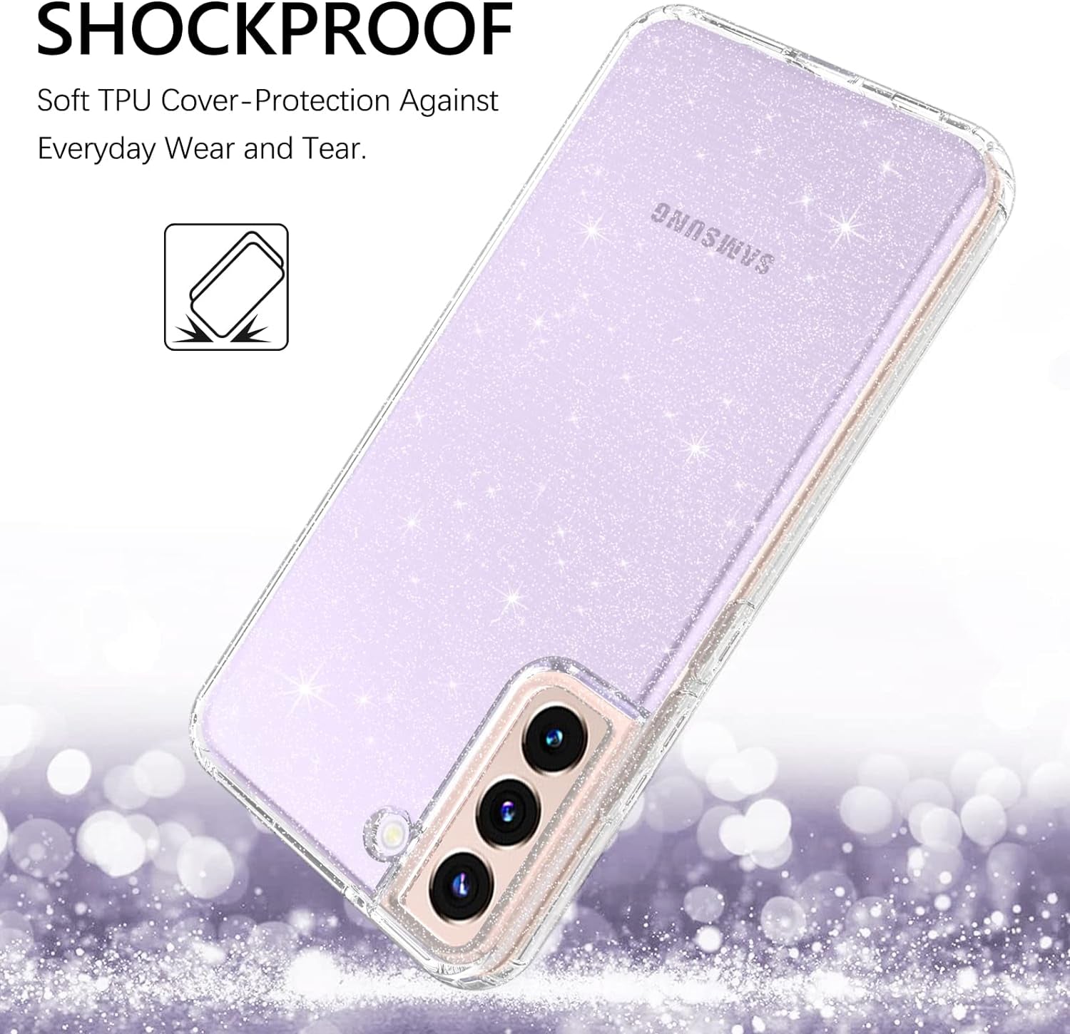 GUAGUA Compatible with Samsung Galaxy S22 5G Case 6.1 Inch Crystal Clear Flexible Soft TPU Cover Glitter Sparkle Bling Slim Shockproof Protective Anti-Slip Cases for Galaxy S22, Transparent  GUAGUA   